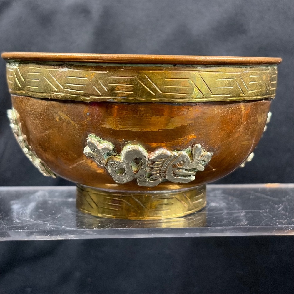 Antique Mixed Metal Copper Brass Silver Overlay Footed Bowl Folk Art Etched Trim
